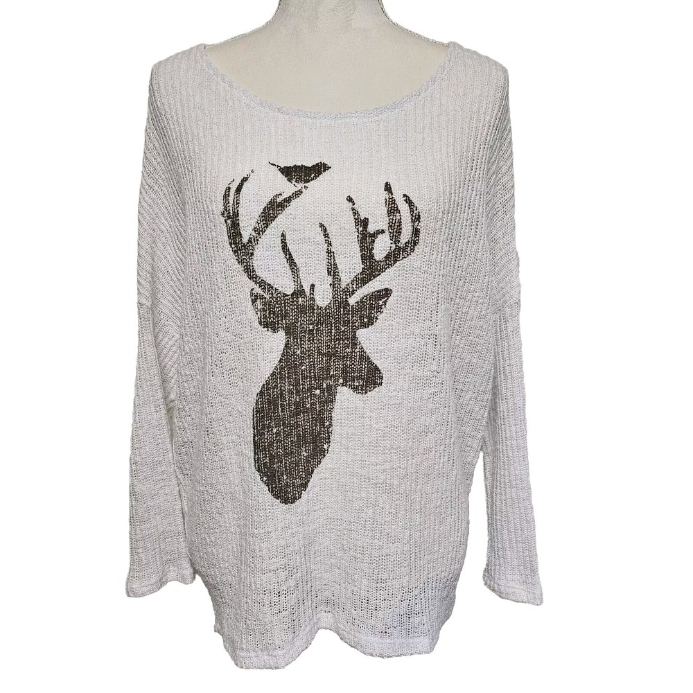 Judith March Deer & Bird Print Mesh Knit Batwing Shirt Size M Country Outdoors